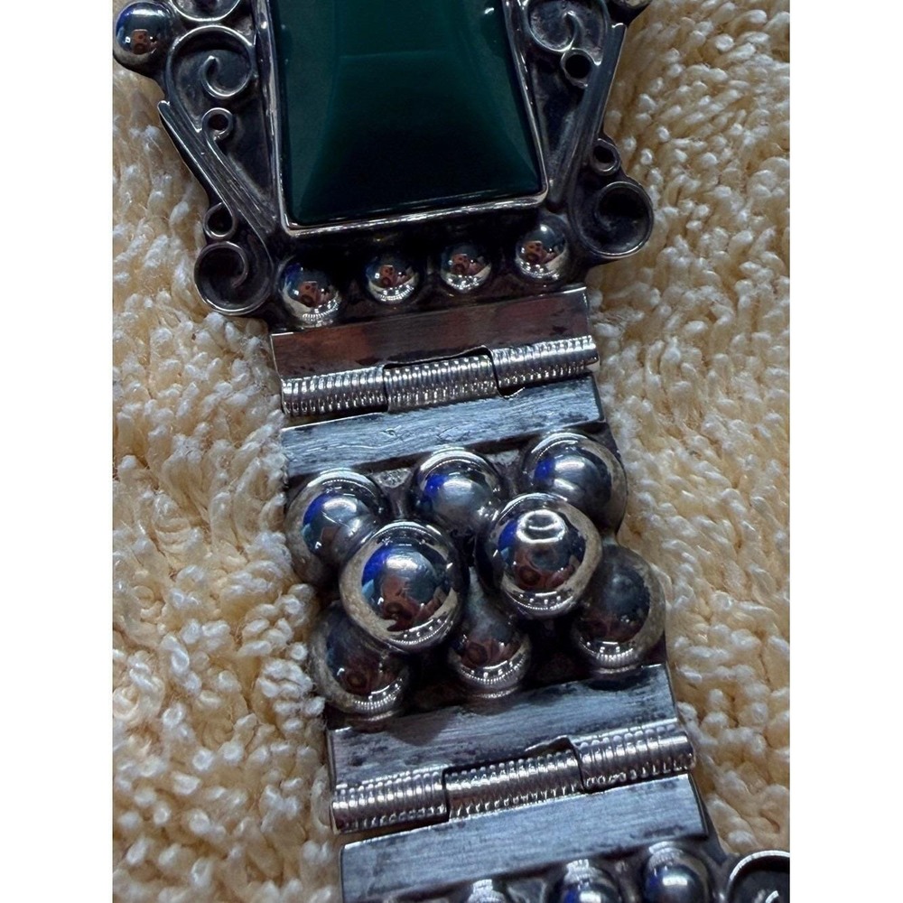 Vintage Mid-Century Mexican Sterling Silver Green Onyx Panel Link Bracelet 7 in - Picture 11 of 16